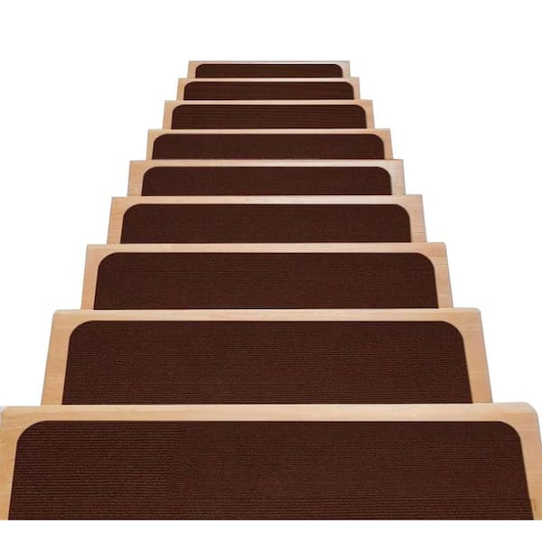 Self-Adhesive Non-Slip Dark Coffee 8 in. x 30 in. Polyester TPR Backing Indoor Outdoor Stair Tread Cover (Set of 4)
