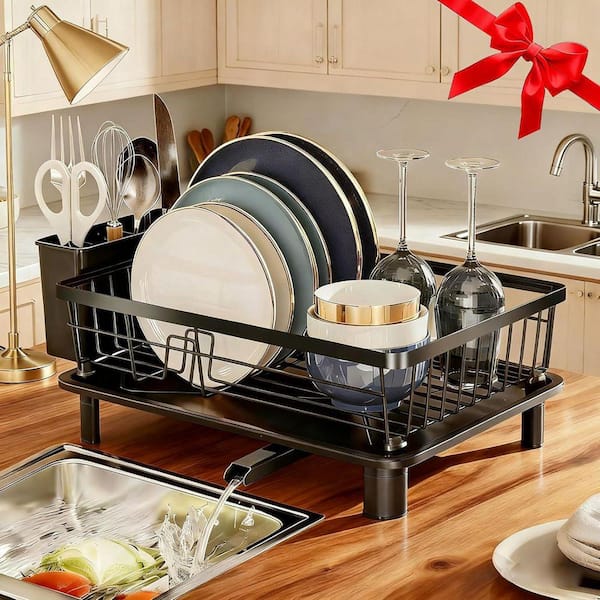 Black Space-Saving Dish Rack for Kitchen Counter with Removable Utensil Holder Plate Rack and Drainboard 11 in. x 15 in.