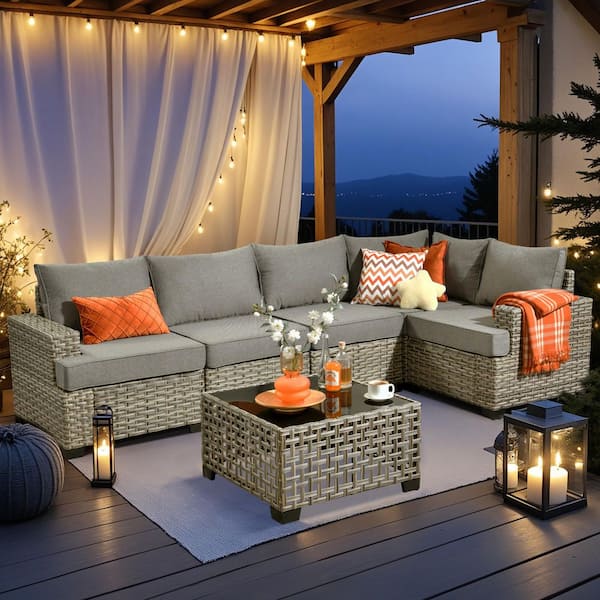 Tibercy Gray 6-Piece Wicker Outdoor Sectional Set with Dark Gray Cushions and Coffee Table