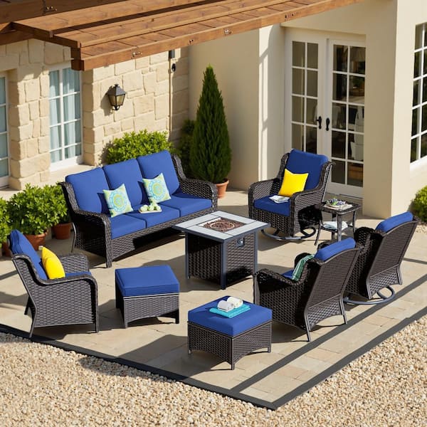 OVIOS New Kenard Brown 9-Piece Wicker Patio Fire Pit Conversation Set with Navy Blue Cushions and Swivel Rocking Chairs
