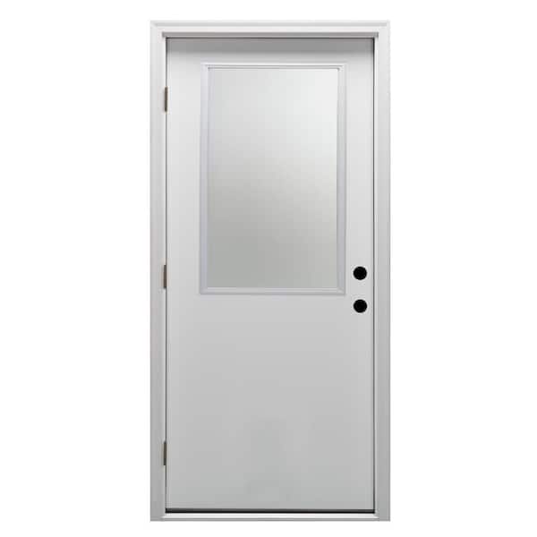 30 in. x 80 in. Classic Right-Hand Outswing 1/2 Lite Clear Primed Steel Prehung Front Door with Brickmould