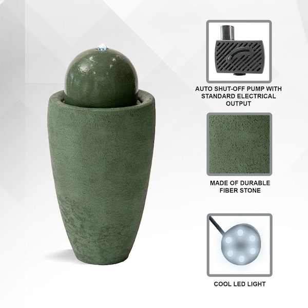 25.98 in. H Round Modern Waterfall Stone Textured Sphere Floor Fountain w/LED Light, Garden Sphere Fountain, Green