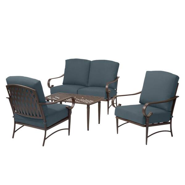Hampton Bay Oak Cliff Brown 4-Piece Steel Outdoor Patio Conversation Seating Set with Sunbrella Denim Blue Cushions