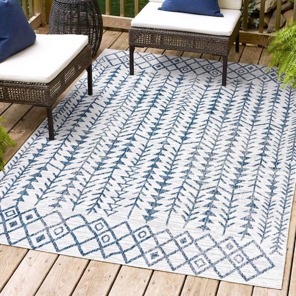 JONATHAN Y Tokay Bohemian Ivory/Blue 3 ft. x 5 ft. Geometric Indoor/Outdoor Area Rug