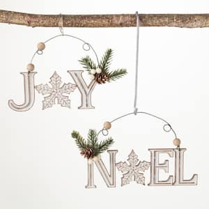 4.5 in. and 4.25 in. Wood Noel And Joy Ornament - Set of 2, White Christmas Ornaments