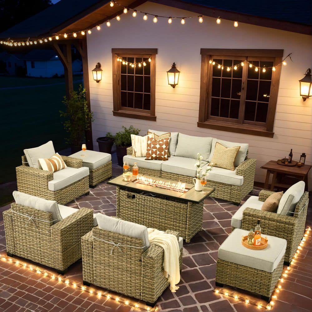 Tiberte Gray 10-Piece Wicker Patio Rectangle Fire Pit Conversation Set with Gray Cushions price history on PriceWatchPro
