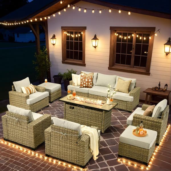 Tiberte Gray 10-Piece Wicker Patio Rectangle Fire Pit Conversation Set with Gray Cushions