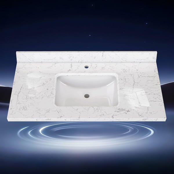 Cala 42 in. W x 22 in. D Cultured marble White Rectangular Single Sink Bath Vanity Top with Backsplash in Carrara White