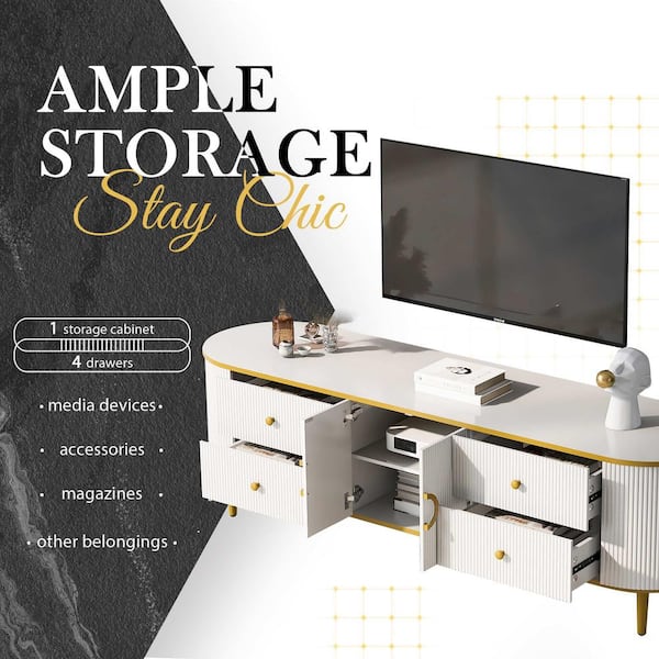 Modern White TV Stand Fits TV's Up to 80 in. with 4 Drawers and 1 Cabinet
