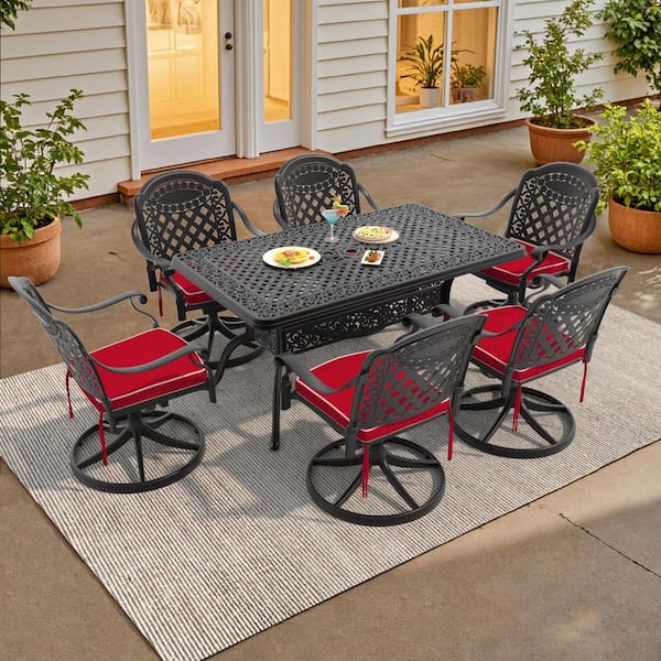 Vintage 7-Piece Cast Aluminum Patio Outdoor Dining Set with Rectangular Dining Table, 6 Swivel Chairs and 6 Red Cushions