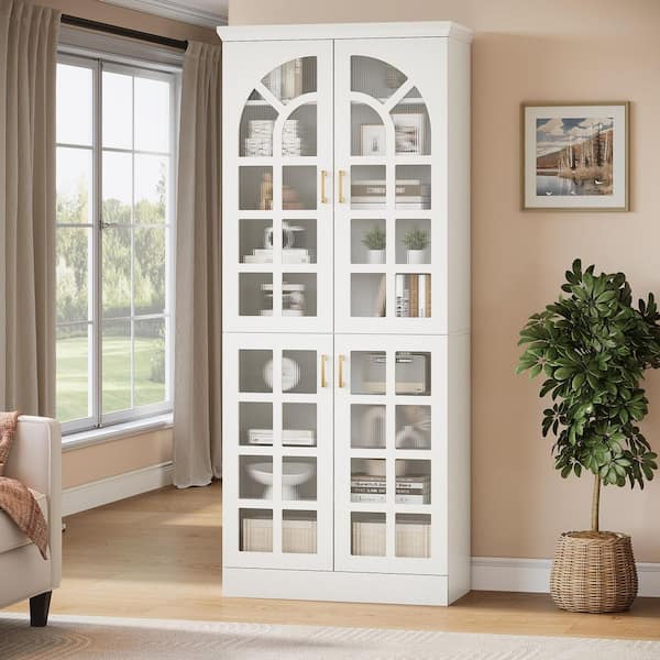 Alan 76 in. White Wood Storage Cabinet with Doors, LED Lights and Adjustable Shelves for Living Room, Office