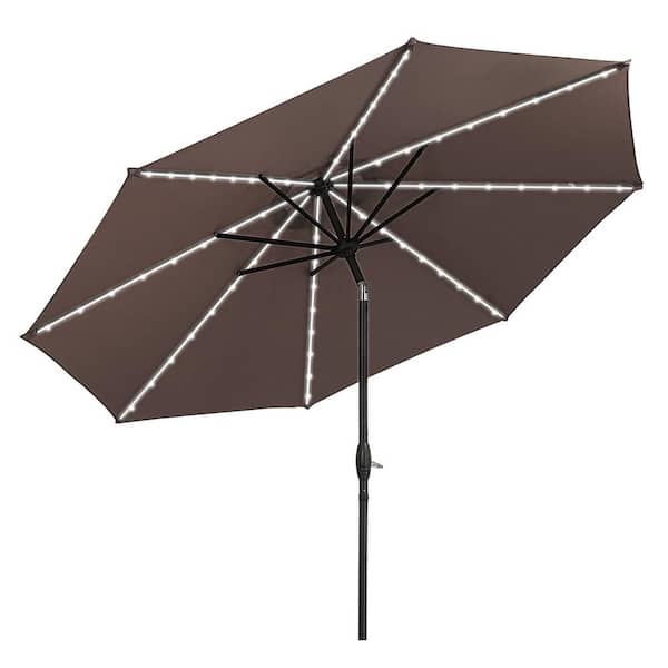 OVASTLKUY 10 ft. Solar Patio Umbrellas in Coffee with LED Lights for Market Outdoor Pool, Steel Tilt Crank