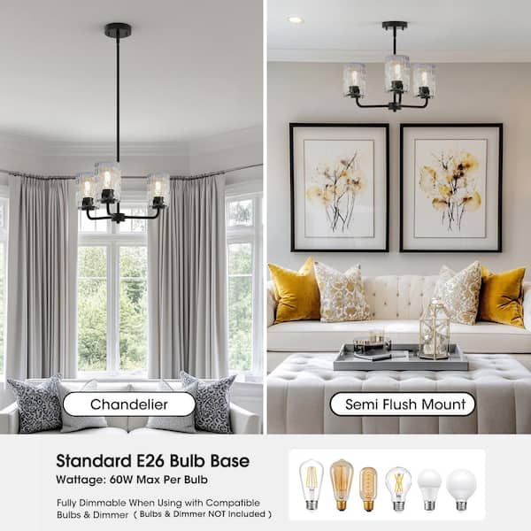 YANSUN 3-Light Black Finish with Glass Empire Chandelier