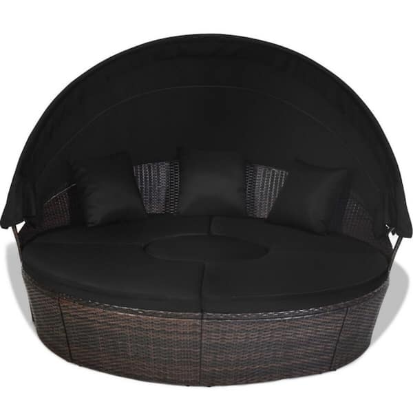 Round Wicker Outdoor Day Bed with Retractable Canopy Black Cushions