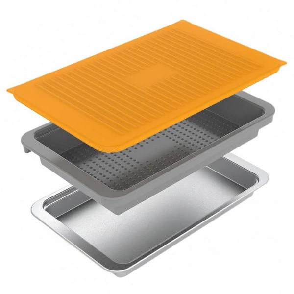 Gray Plastic BBQ Prep and Serve Tray Set with Lid and Stainless Steel Platter, Stackable, Dishwasher Safe, 3Pcs