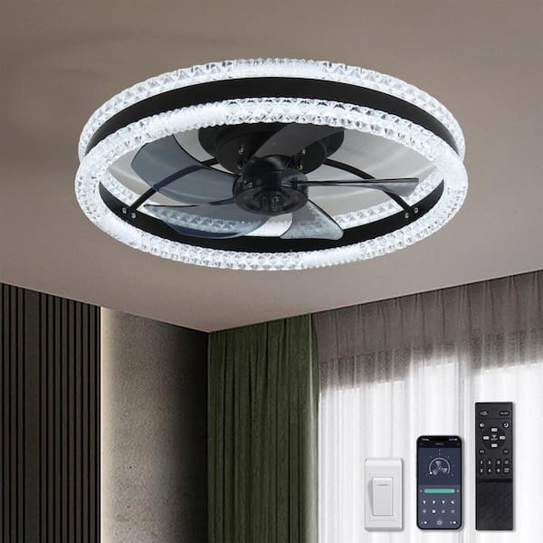 EAQUIL Catilato 16 in. 20 in. Indoor Black 2 Crystal LED Ceiling Fan with Light and Remote for Low Profile Bedroom