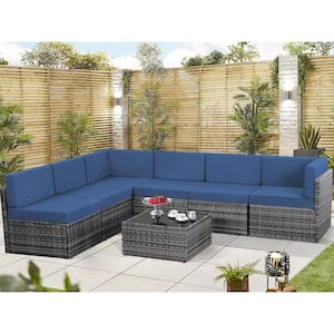 Grey 7-Piece Patio Rattan Wicker Sofa Set Outdoor Conversation Furniture Chair Set w/ Dark Blue Cushion