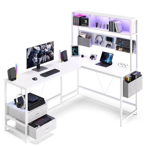 Modern 19.7 in. L-Shaped White Wood 2-Drawers Gaming Desk with RGB Lighting,Power Outlet and Storage