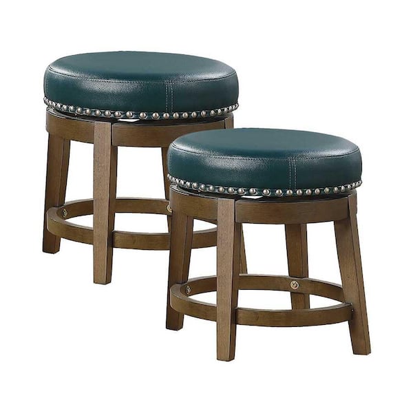 EVERGLADE HOME Paran 19.5 in. Brown Backless Wood Frame Round Swivel Dining Bar Stool with Green Faux Leather Seat (Set of 2)