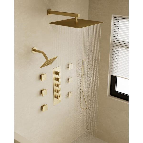 5-Handles Thermostatic Valve 15-Spray 16 in. 2.5 GPM Wall Mount Shower Faucet with Dual Adjustable Heads in Brushed Gold