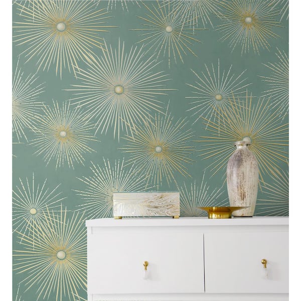 30.75 sq. ft. Teal & Metallic Gold Starburst Geo Vinyl Peel and Stick Wallpaper Roll