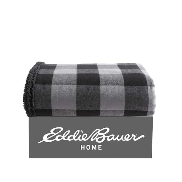 Cabin Plaid Sherpa Grey/Black Cotton Reversible Throw Blanket