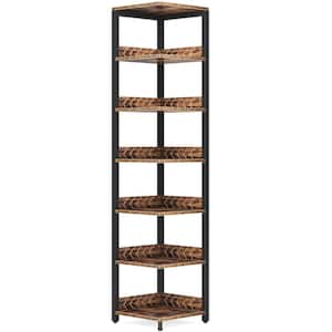 Jannelly 77 in. Tall Rustic Brown Wood 6-Shelf Etagere Bookcase, Narrow Bookshelf Freestanding Corner Shelf