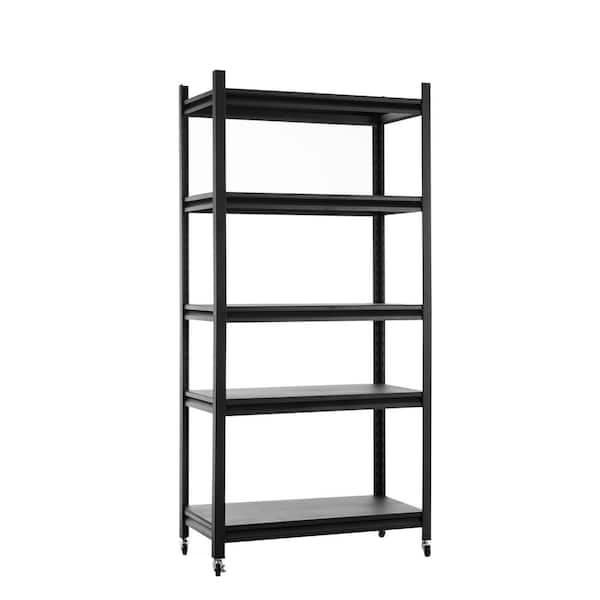 Tileon 5-Storey Kitchen Storage Rack, Adjustable Metal Storage Rack with Rollers, Storage Rack Unit Organizer in Black