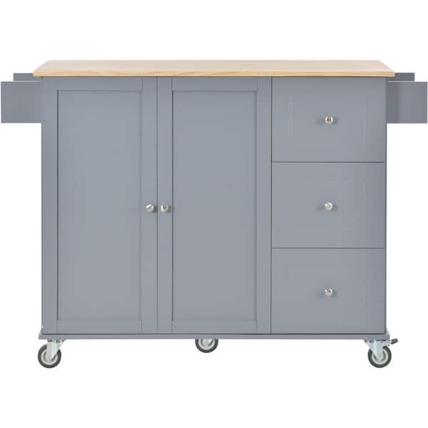 Gray Blue Rolling Mobile Kitchen Island with Solid Wood Top and Lockin