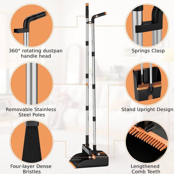 48 in. Black-Orange Long Stainless Steel Handle Upright Broom and Dustpan Set