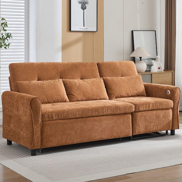 Luxury Collection 2-in-1 82 in. Flared Arm Chenille Modern Rectangle Recling Sofa in Orange with USB Ports
