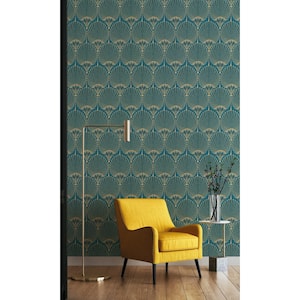 Blue Art Deco Fan Print Non-Woven Paper Non-Pasted Textured Wallpaper 57 sq. ft.