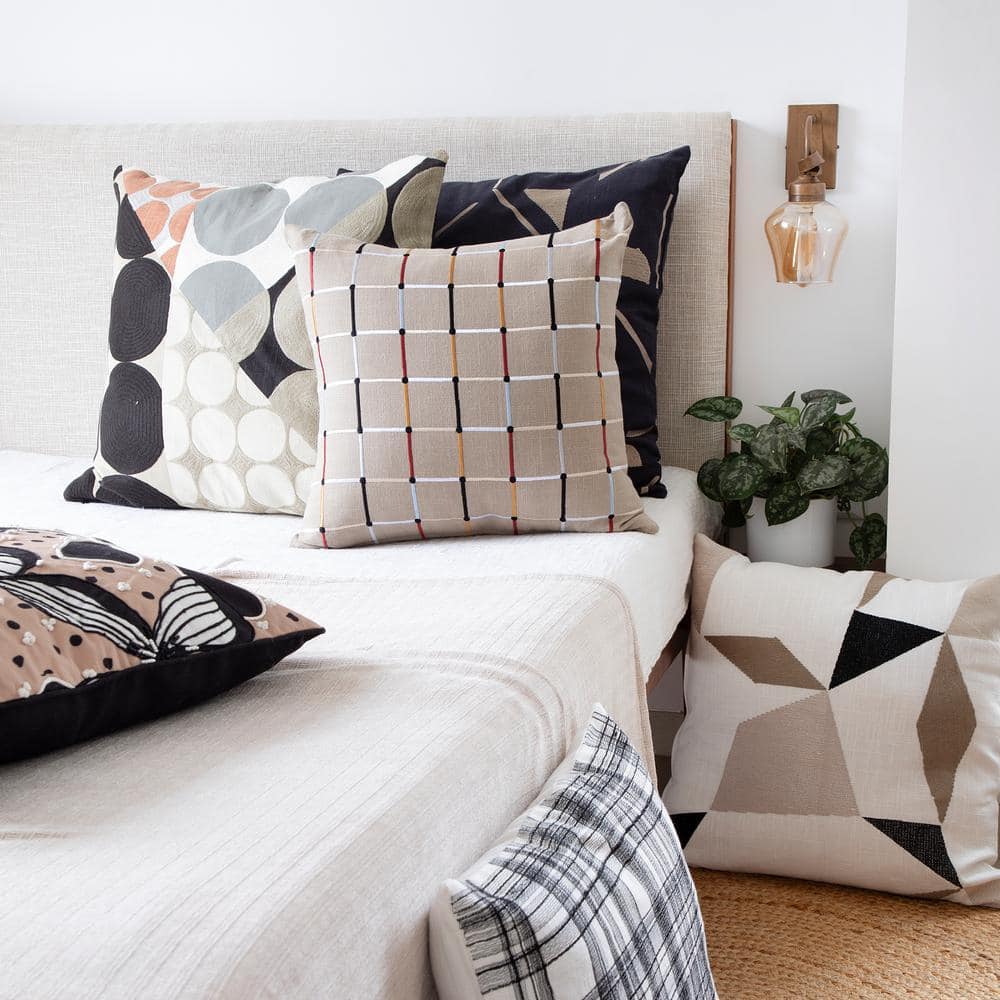 White and Black Embroidered Cotton Blend Square Throw Pillow