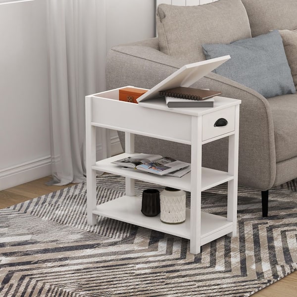 Otryad Narrow Sided Table with Drawers and Bottom Partition in Flip Over Design in White