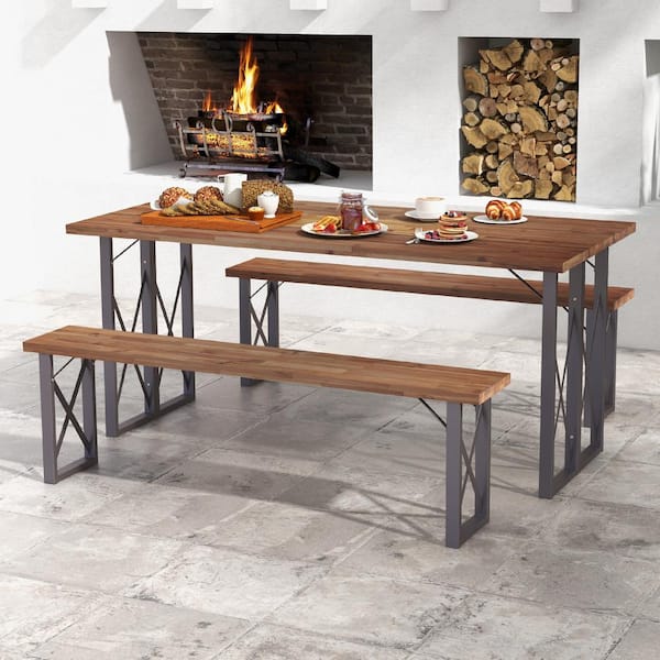 ANGELES HOME 59 in. L Acacia Wood Patio Outdoor Picnic Bench Set (2-Pcs)