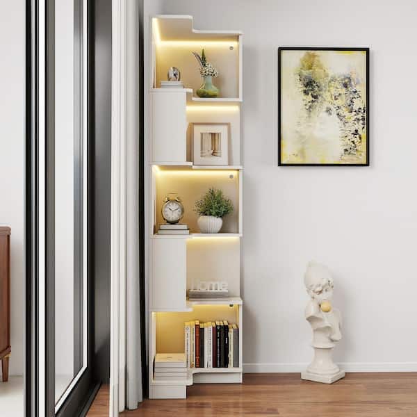 69 in. Tall White Particle Board 5-Shelf Corner Bookcase with LED Lights, Display Shelf for Living Room Office