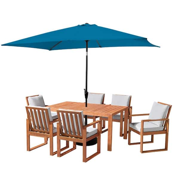 Alaterre Furniture 8 Piece Set, Weston Wood Outdoor Dining Table Set with 6 Cushioned Chairs, 10-Foot Rectangular Umbrella Turquoise