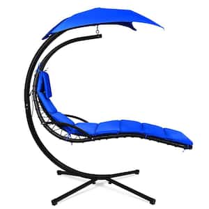Metal Outdoor Floating Hanging Chaise Lounge Chair with Stand and Navy Blue Cushion