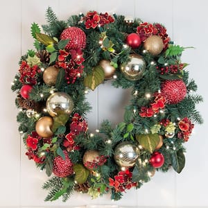 30 in. Artificial Pre-Lit LED Scarlet Hydrangea Wreath