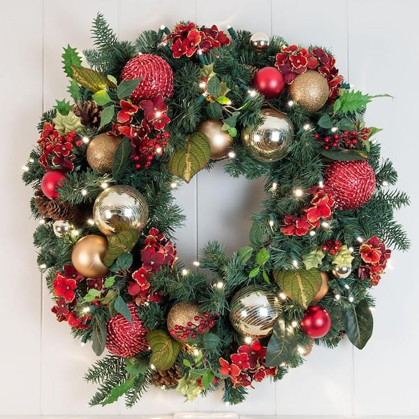 30 in. Artificial Pre-Lit LED Scarlet Hydrangea Wreath