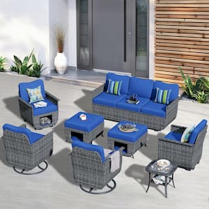 Fortune Dark Gray 8-Piece Wicker Outdoor Patio Conversation Set with Navy Blue Cushions and Swivel Chairs