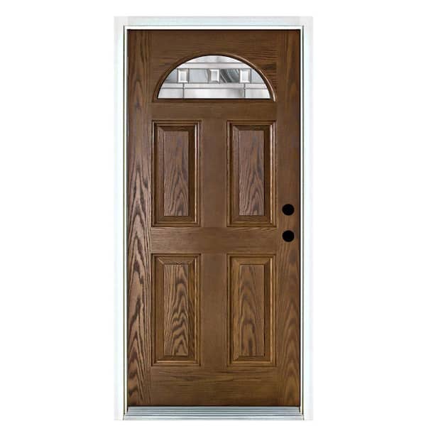MP Doors 32 in. x 80 in. Left-Hand Inswing Fan-Lite Savana Decorative Glass Medium Oak Stained Fiberglass Prehung Front Door
