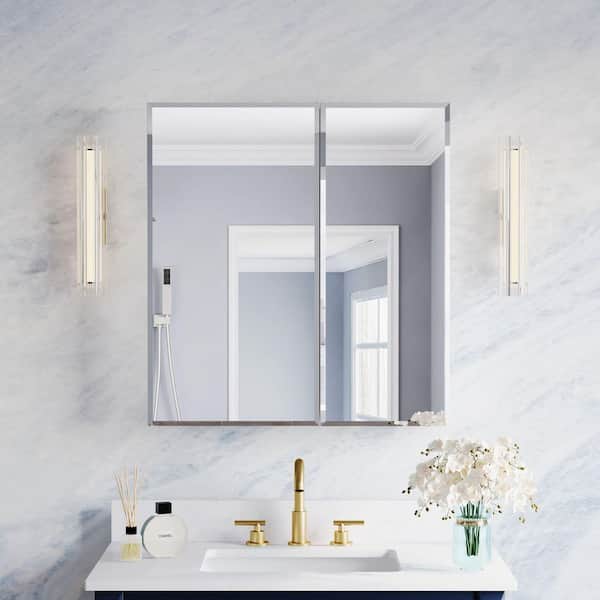 BEV 28 in. W x 30 in. H Rectangular Aluminum Tri-View Modular Medicine Cabinet with Beveled-Edge Mirror, BLUM Soft-Close