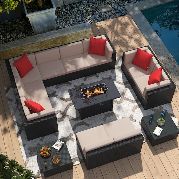 Tozey Luxury 13-Piece Fire Pit Patio Sets Outdoor Conversation Set with Beige Cushions