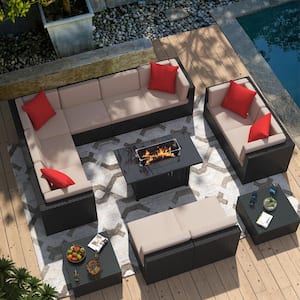Luxury 13-Piece Fire Pit Patio Sets Outdoor Conversation Set with Beige Cushions