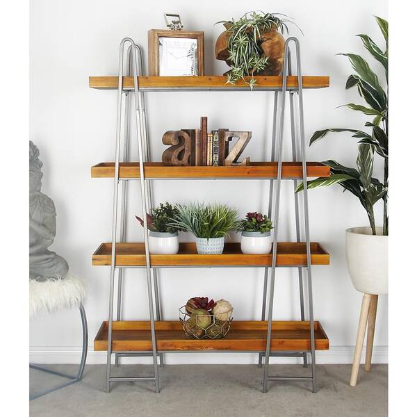 Litton Lane Brown Wood 4-Tier Shelf with a Polished Gray A-Type Iron Frame