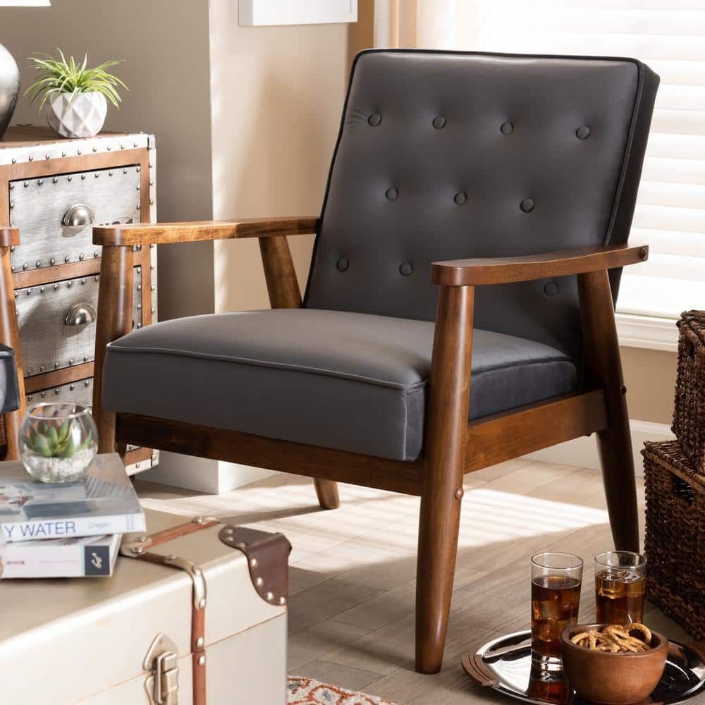 Mid-Century Modern Gray Velvet and Walnut Wood Accent Chair