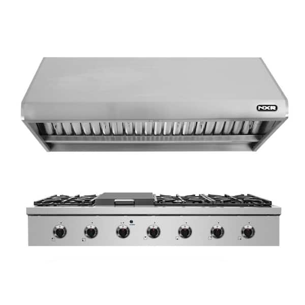 NXR Entree Bundle 48 in. Pro-Style Gas Cooktop with 6 Burners, Griddle Burner and Range Hood in Stainless Steel and Black