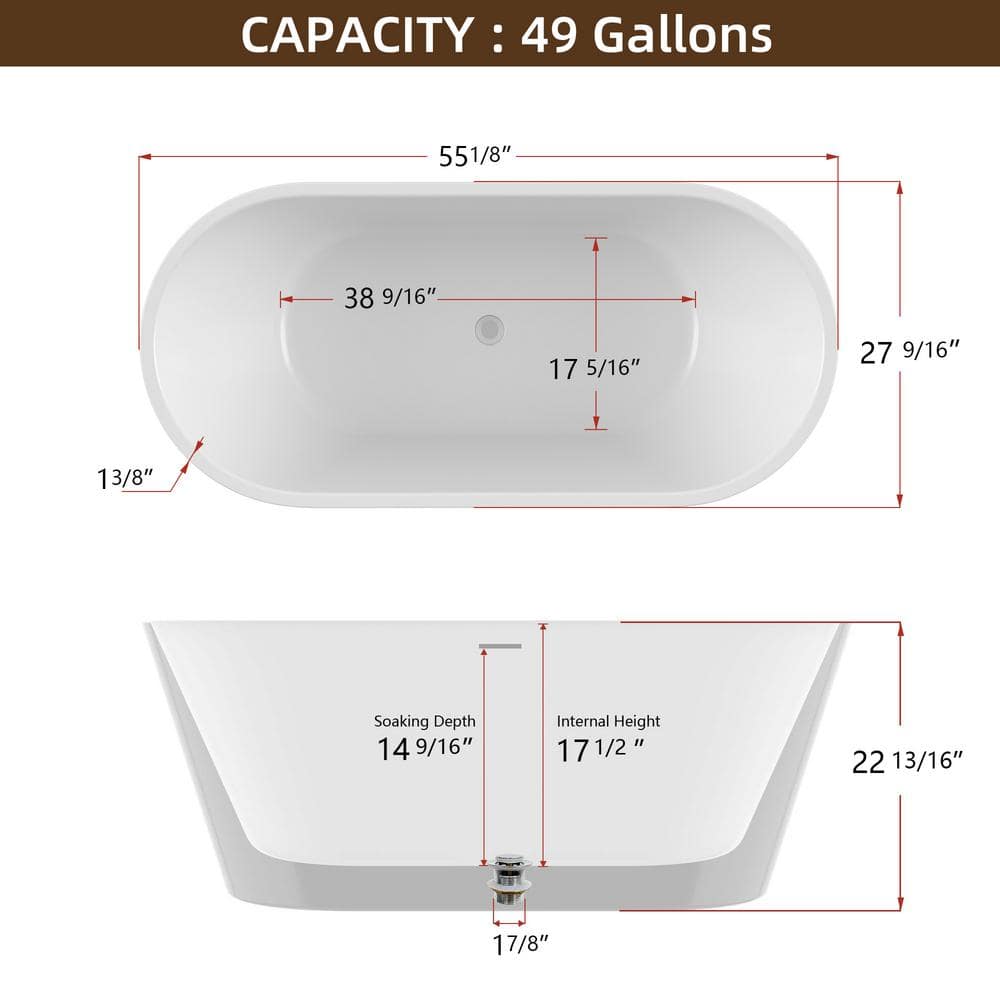 55" Glossy White Acrylic Freestanding Soaking Bathtub
