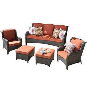 Erie Lake Brown 5-Piece Wicker Outdoor Patio Conversation Seating Sofa Set with Orange Red Cushions